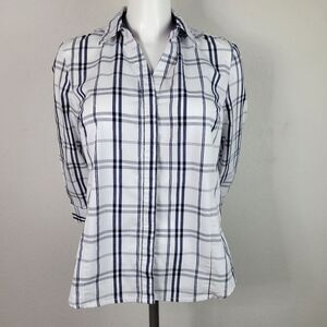 Basic Editions White Plaid Hidden Button Panel Collared Blouse Size M‎